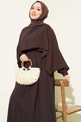 Çizgi Dikişli Bel Lastikli Pelerinli Elbise Kahve - Elbise