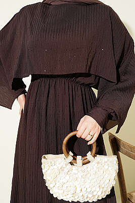 Çizgi Dikişli Bel Lastikli Pelerinli Elbise Kahve - Elbise