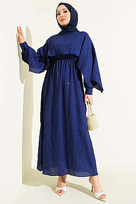 Çizgi Dikişli Bel Lastikli Pelerinli Elbise Lacivert - NEVA MODA