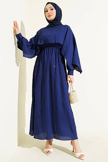 Çizgi Dikişli Bel Lastikli Pelerinli Elbise Lacivert - Elbise
