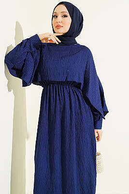 Çizgi Dikişli Bel Lastikli Pelerinli Elbise Lacivert - Elbise