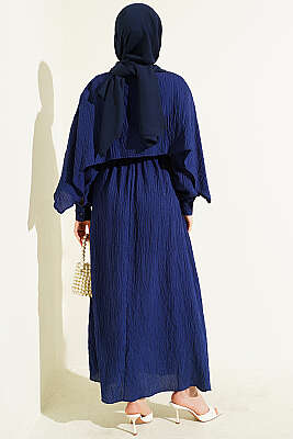 Çizgi Dikişli Bel Lastikli Pelerinli Elbise Lacivert - Elbise