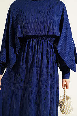 Çizgi Dikişli Bel Lastikli Pelerinli Elbise Lacivert - Elbise