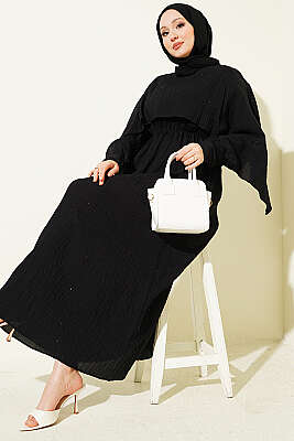 Çizgi Dikişli Bel Lastikli Pelerinli Elbise Siyah - NEVA MODA