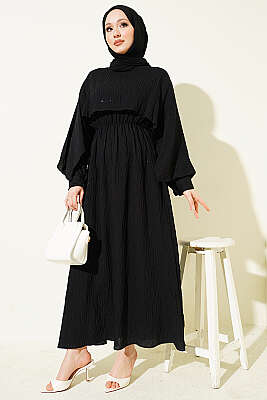 Çizgi Dikişli Bel Lastikli Pelerinli Elbise Siyah - Elbise