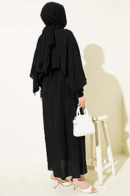 Çizgi Dikişli Bel Lastikli Pelerinli Elbise Siyah - Elbise