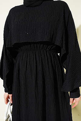 Çizgi Dikişli Bel Lastikli Pelerinli Elbise Siyah - Elbise