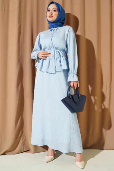 Çizgi Dikişli Pul Detaylı Etekli İkili Takım Bebe Mavi - İkili Takım