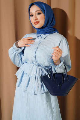 Çizgi Dikişli Pul Detaylı Etekli İkili Takım Bebe Mavi - İkili Takım