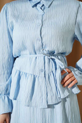 Çizgi Dikişli Pul Detaylı Etekli İkili Takım Bebe Mavi - İkili Takım