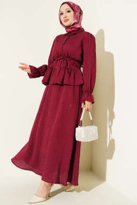 Çizgi Dikişli Pul Detaylı Etekli İkili Takım Bordo - ASME