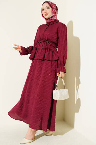 Çizgi Dikişli Pul Detaylı Etekli İkili Takım Bordo - İkili Takım