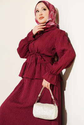 Çizgi Dikişli Pul Detaylı Etekli İkili Takım Bordo - İkili Takım