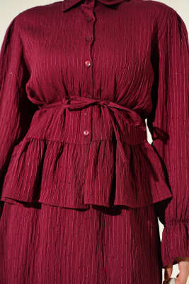 Çizgi Dikişli Pul Detaylı Etekli İkili Takım Bordo - İkili Takım