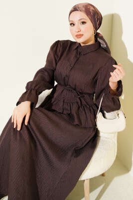 Çizgi Dikişli Pul Detaylı Etekli İkili Takım Kahve - ASME