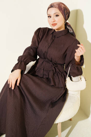 Çizgi Dikişli Pul Detaylı Etekli İkili Takım Kahve - İkili Takım