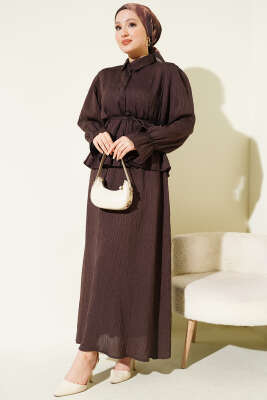 Çizgi Dikişli Pul Detaylı Etekli İkili Takım Kahve - İkili Takım