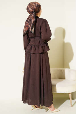 Çizgi Dikişli Pul Detaylı Etekli İkili Takım Kahve - İkili Takım