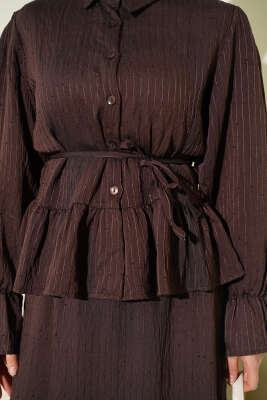 Çizgi Dikişli Pul Detaylı Etekli İkili Takım Kahve - İkili Takım