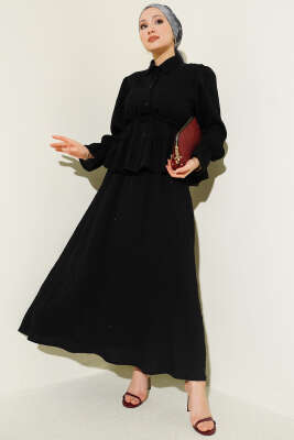 Çizgi Dikişli Pul Detaylı Etekli İkili Takım Siyah - ASME