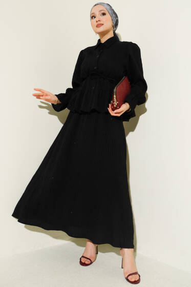 Çizgi Dikişli Pul Detaylı Etekli İkili Takım Siyah - İkili Takım