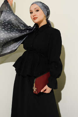 Çizgi Dikişli Pul Detaylı Etekli İkili Takım Siyah - İkili Takım