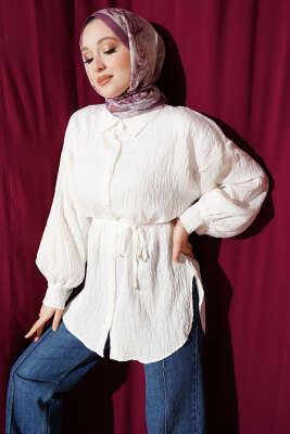 Çizgi Dikişli Pul Detaylı Gömlek Ekru - TABLO FASHİON