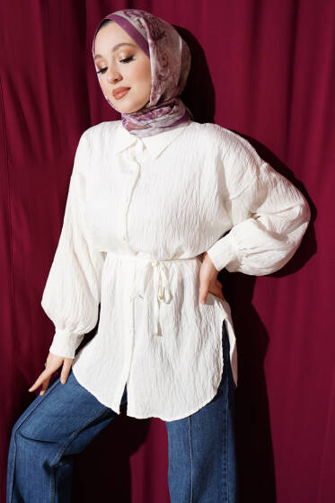 Çizgi Dikişli Pul Detaylı Gömlek Ekru - Gömlek