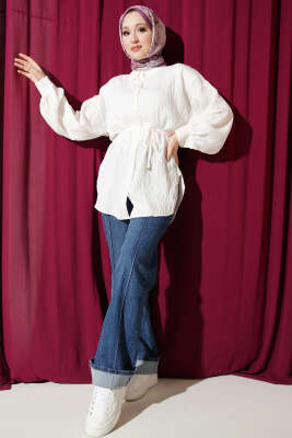 Çizgi Dikişli Pul Detaylı Gömlek Ekru - Gömlek