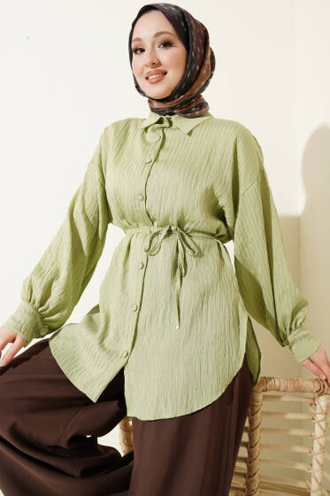 Çizgi Dikişli Pul Detaylı Gömlek Fıstık Yeşili - Gömlek