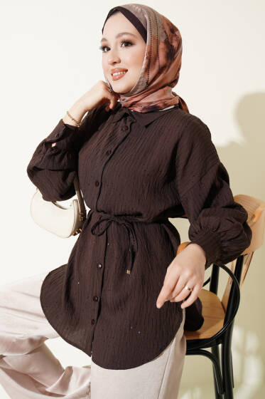Çizgi Dikişli Pul Detaylı Gömlek Kahve - Gömlek