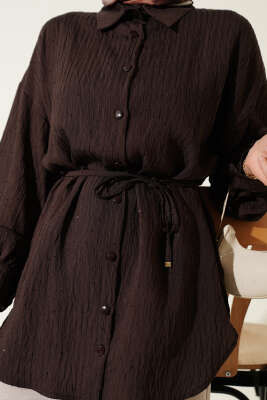 Çizgi Dikişli Pul Detaylı Gömlek Kahve - Gömlek