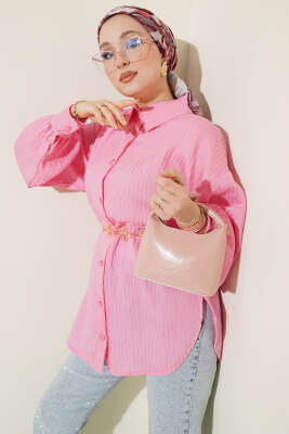 Çizgi Dikişli Pul Detaylı Gömlek Pembe - TABLO FASHİON