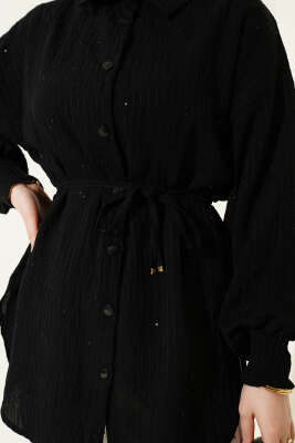 Çizgi Dikişli Pul Detaylı Gömlek Siyah - Gömlek