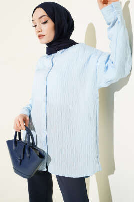 Çizgi Dikişli Pullu Oversize Gömlek Bebe Mavi - NEVA MODA