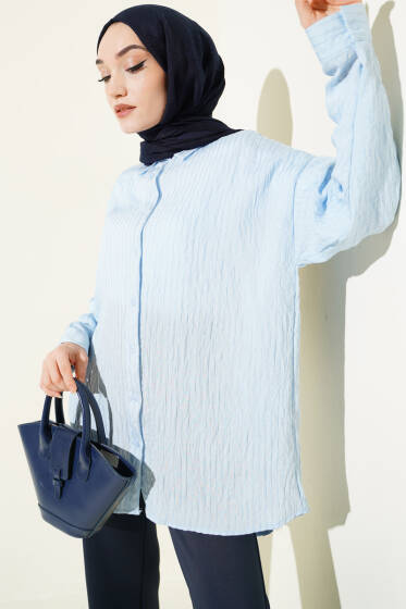 Çizgi Dikişli Pullu Oversize Gömlek Bebe Mavi - Gömlek