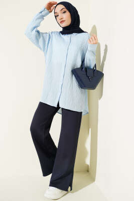 Çizgi Dikişli Pullu Oversize Gömlek Bebe Mavi - Gömlek