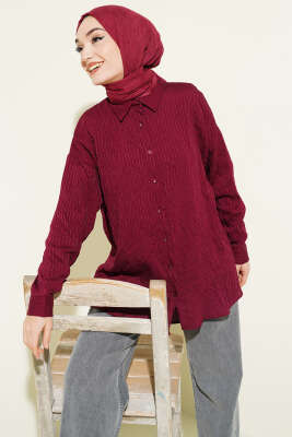 Çizgi Dikişli Pullu Oversize Gömlek Bordo - NEVA MODA