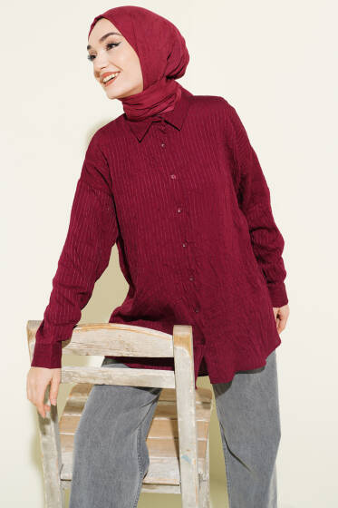 Çizgi Dikişli Pullu Oversize Gömlek Bordo - Gömlek