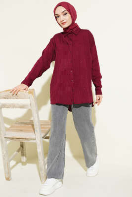 Çizgi Dikişli Pullu Oversize Gömlek Bordo - Gömlek