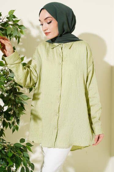 Çizgi Dikişli Pullu Oversize Gömlek Çağla Yeşili - Gömlek