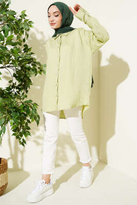 Çizgi Dikişli Pullu Oversize Gömlek Çağla Yeşili - Gömlek