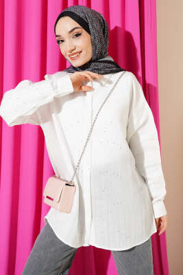 Çizgi Dikişli Pullu Oversize Gömlek Ekru - NEVA MODA