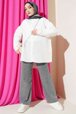 Çizgi Dikişli Pullu Oversize Gömlek Ekru - Gömlek