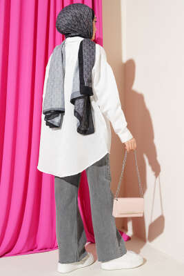 Çizgi Dikişli Pullu Oversize Gömlek Ekru - Gömlek