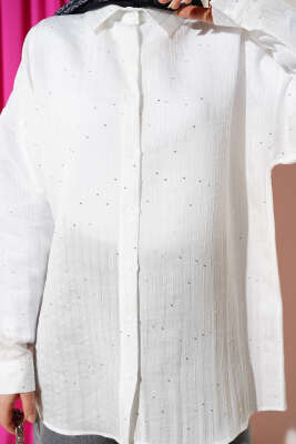 Çizgi Dikişli Pullu Oversize Gömlek Ekru - Gömlek