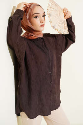 Çizgi Dikişli Pullu Oversize Gömlek Kahve - NEVA MODA