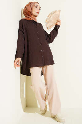 Çizgi Dikişli Pullu Oversize Gömlek Kahve - Gömlek