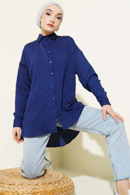 Çizgi Dikişli Pullu Oversize Gömlek Lacivert - NEVA MODA