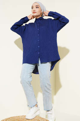 Çizgi Dikişli Pullu Oversize Gömlek Lacivert - Gömlek